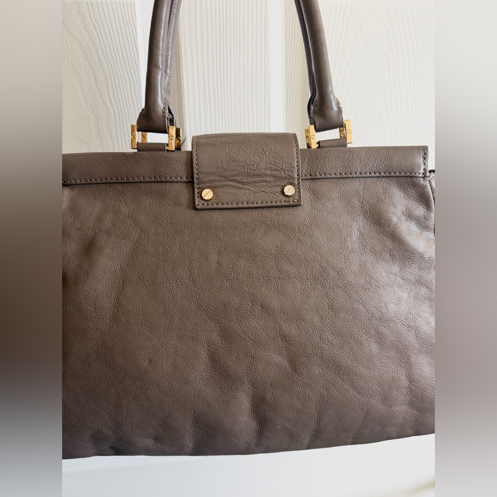 Tory Burch Taupe Leather Satchel with Gold Clasp - Picture 7 of 16